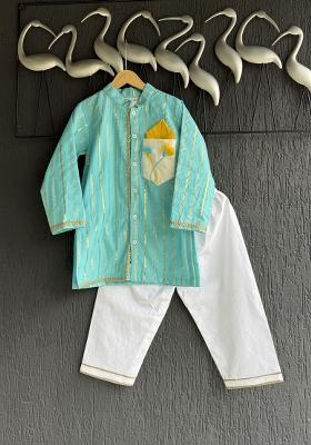 Off White Embroidered Cotton Silk Kurta Set For Boys