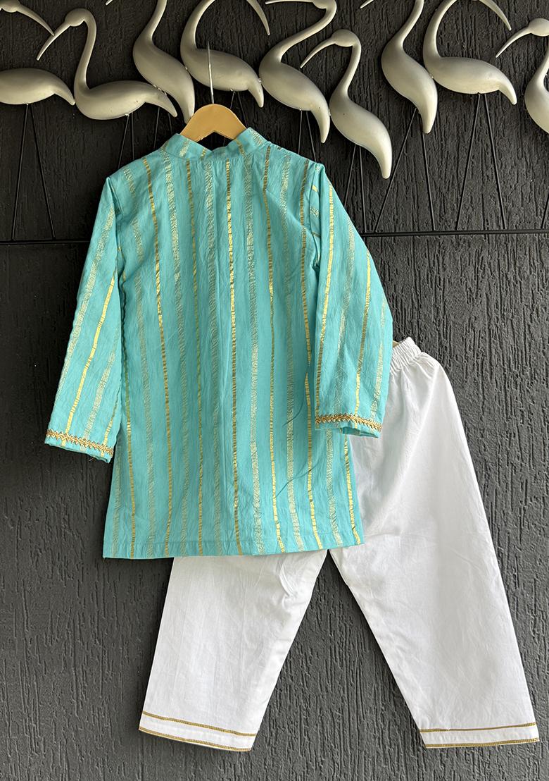 Off White Embroidered Cotton Silk Kurta Set For Boys