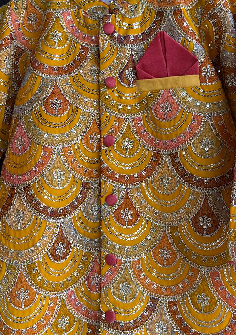Offwhite Embroidered Georgette Bandhgala For Boys - Indya