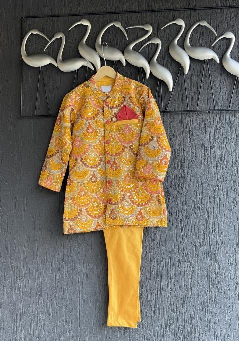 Offwhite Embroidered Georgette Bandhgala For Boys