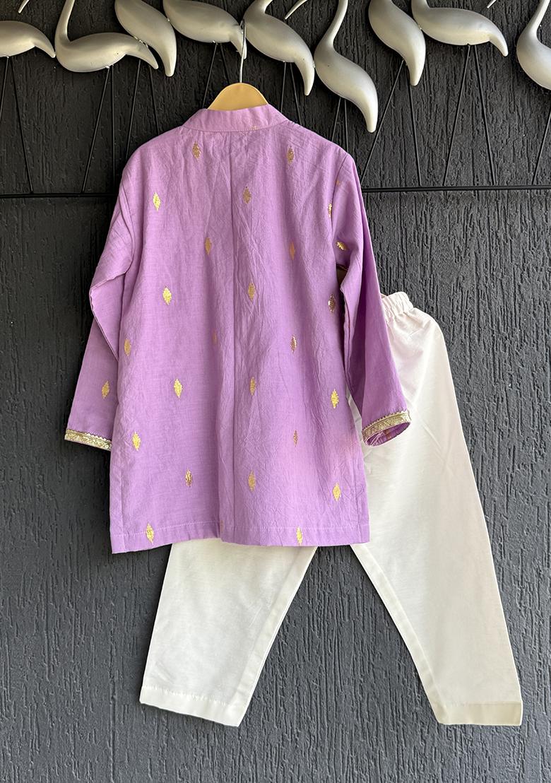 Off White Embroidered Cotton Silk Kurta Set For Boys