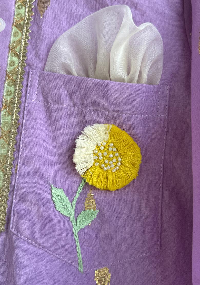 Off White Embroidered Cotton Silk Kurta Set For Boys