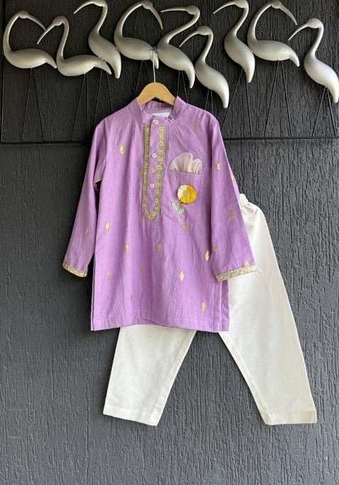 Off White Embroidered Cotton Silk Kurta Set For Boys