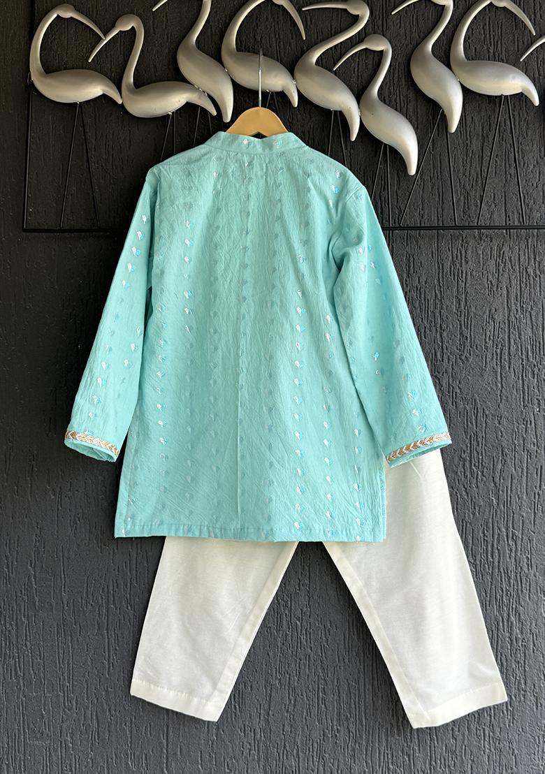 Off White Embroidered Cotton Silk Kurta Set For Boys