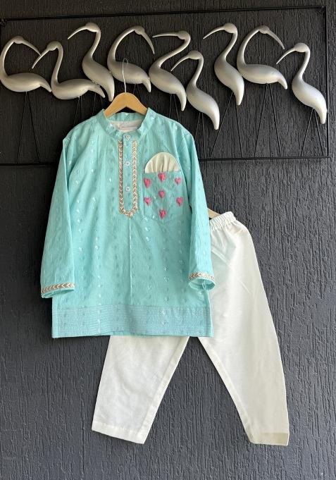 Off White Embroidered Cotton Silk Kurta Set For Boys