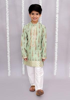 Off White Printed Cotton Silk Kurta Set For Boys