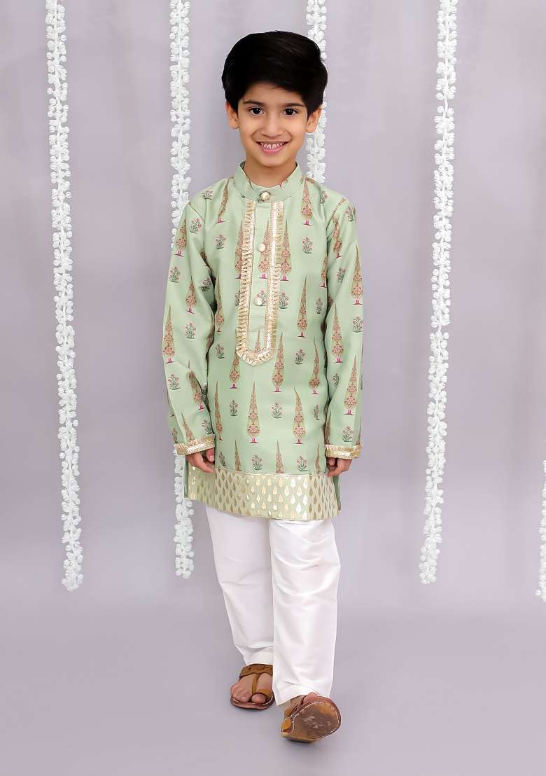 Off White Printed Cotton Silk Kurta Set For Boys - Indya