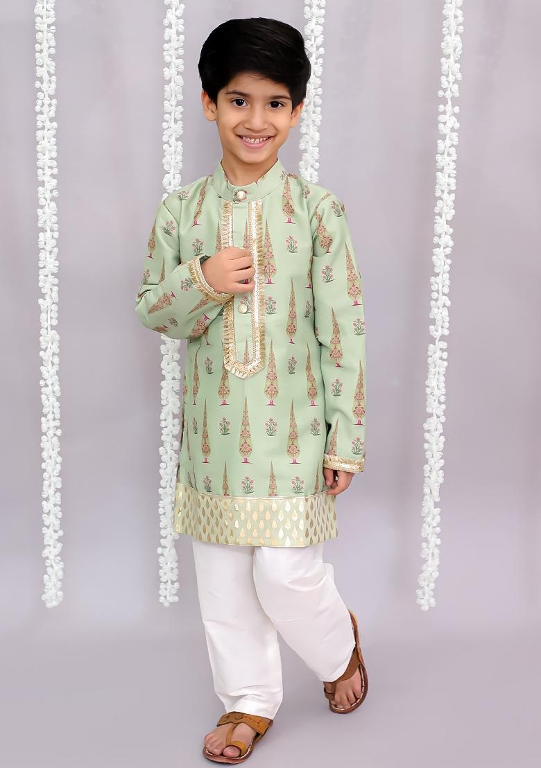Off White Printed Cotton Silk Kurta Set For Boys