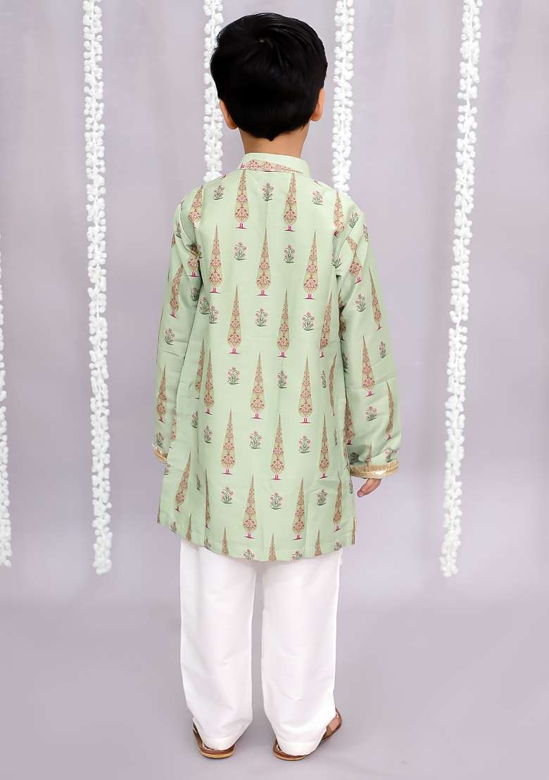 Off White Printed Cotton Silk Kurta Set For Boys - Indya