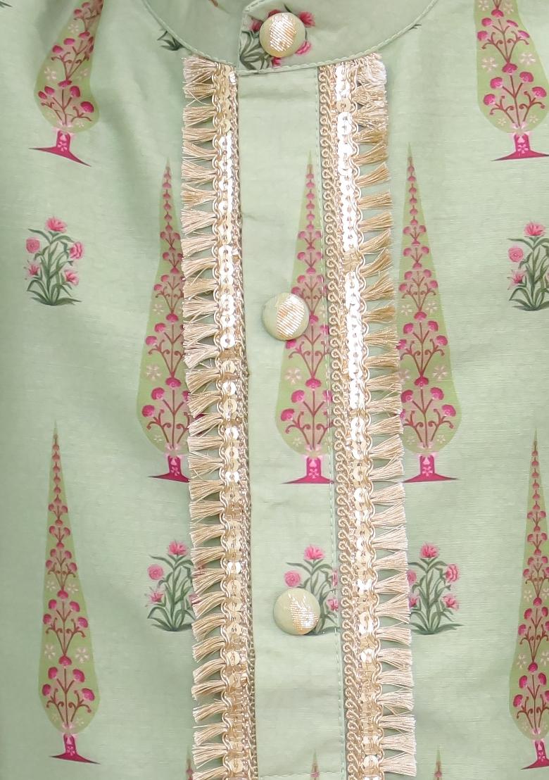 Off White Printed Cotton Silk Kurta Set For Boys