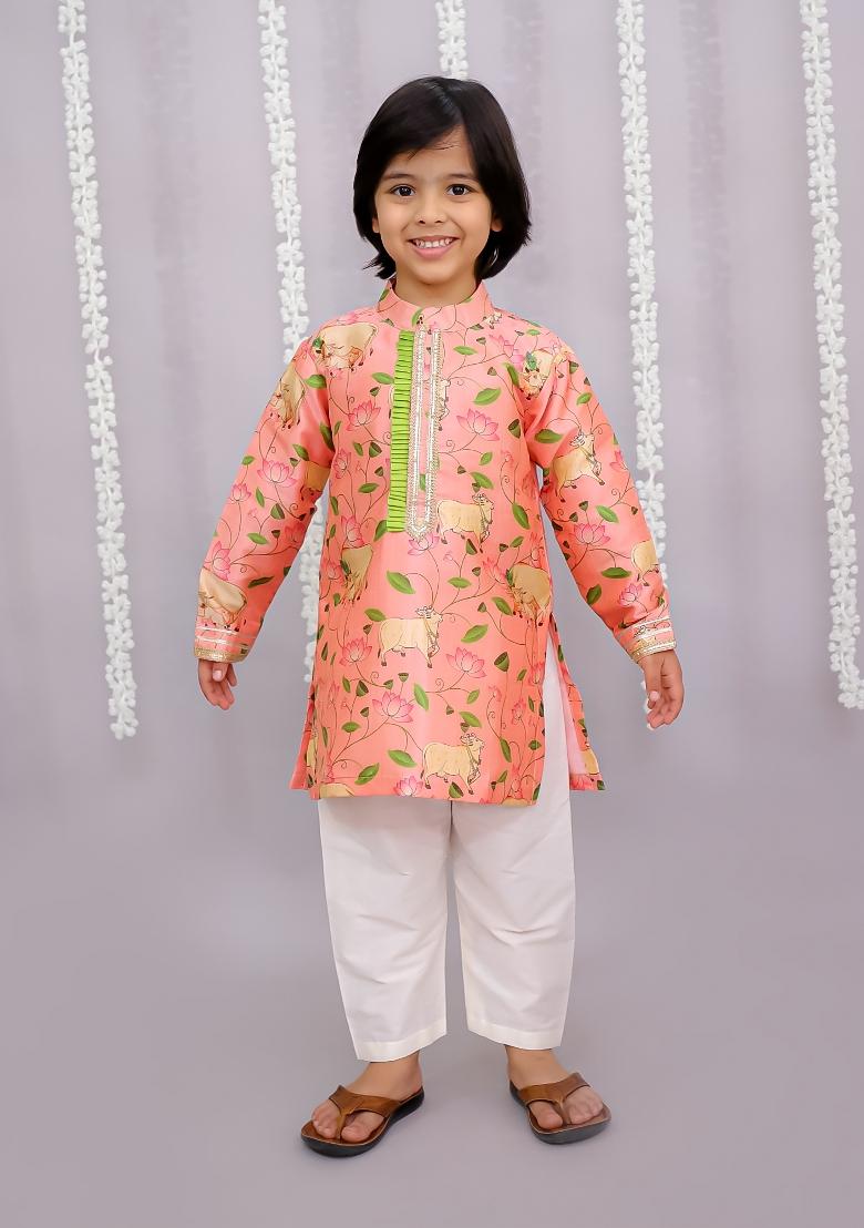 Off White Printed Cotton Silk Kurta Set For Boys