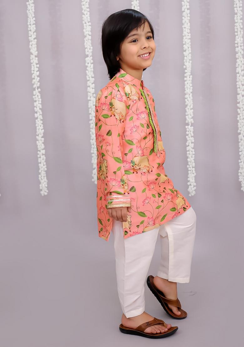 Off White Printed Cotton Silk Kurta Set For Boys