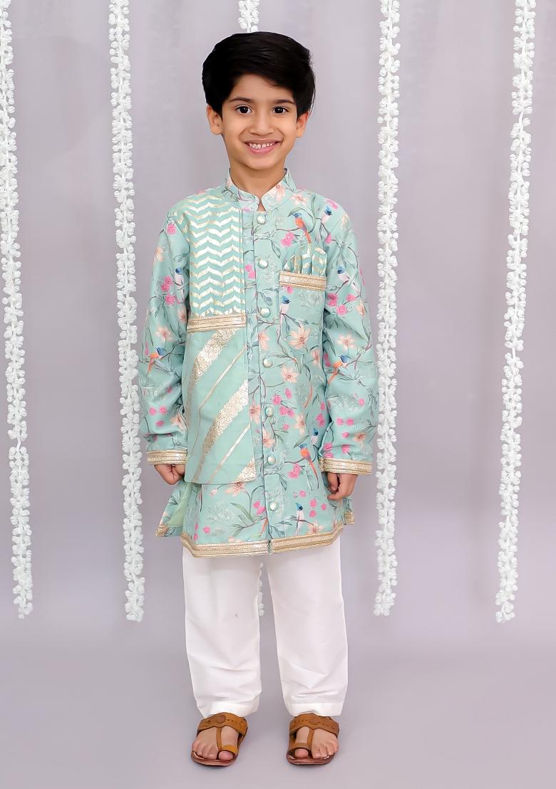 Off White Printed Cotton Silk Kurta Set For Boys