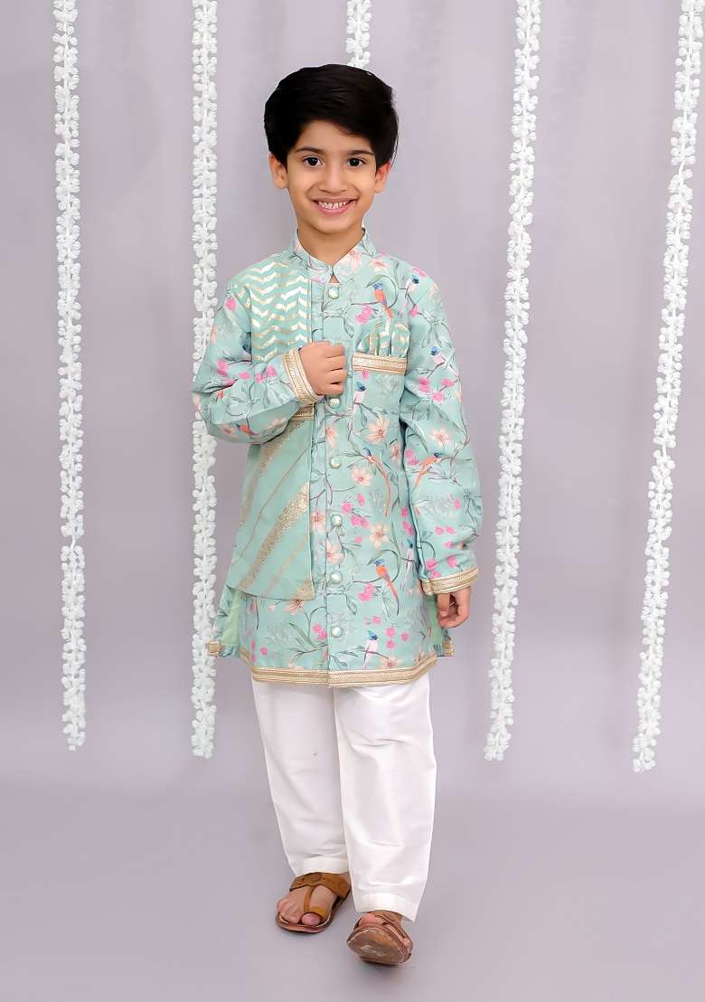 Off White Printed Cotton Silk Kurta Set For Boys - Indya