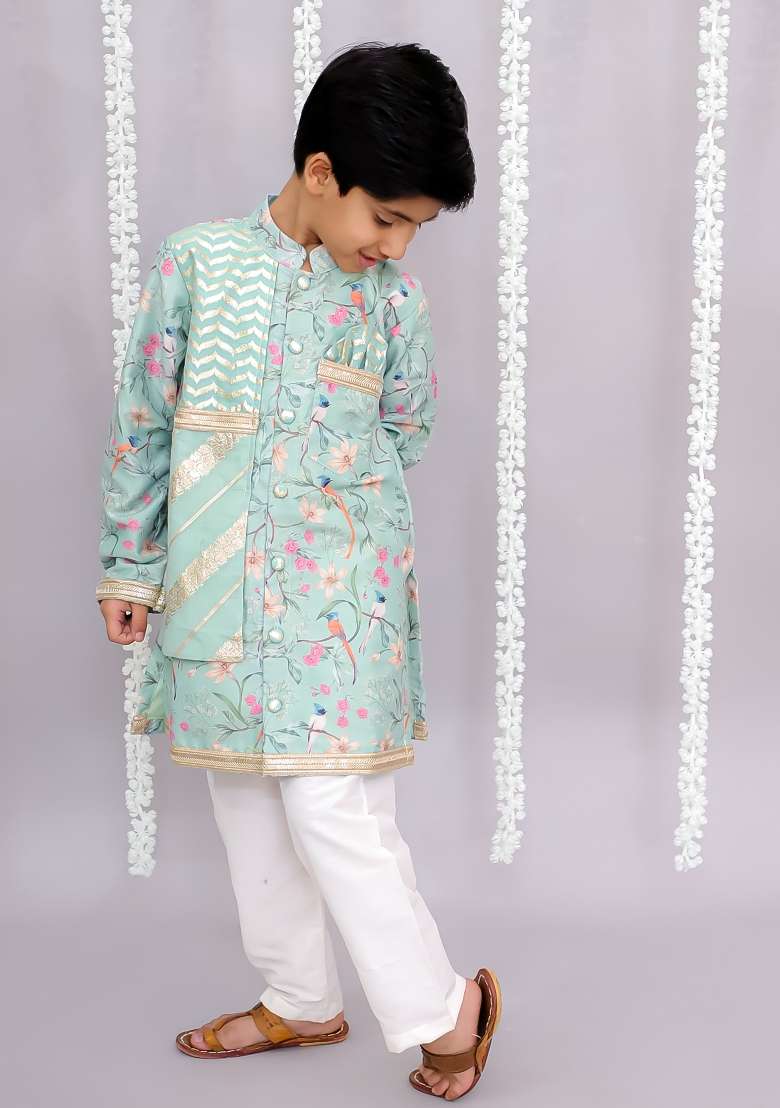 Off White Printed Cotton Silk Kurta Set For Boys - Indya