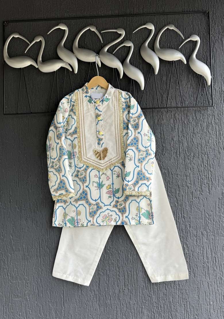 Off White Printed Cotton Silk Kurta Set For Boys - Indya