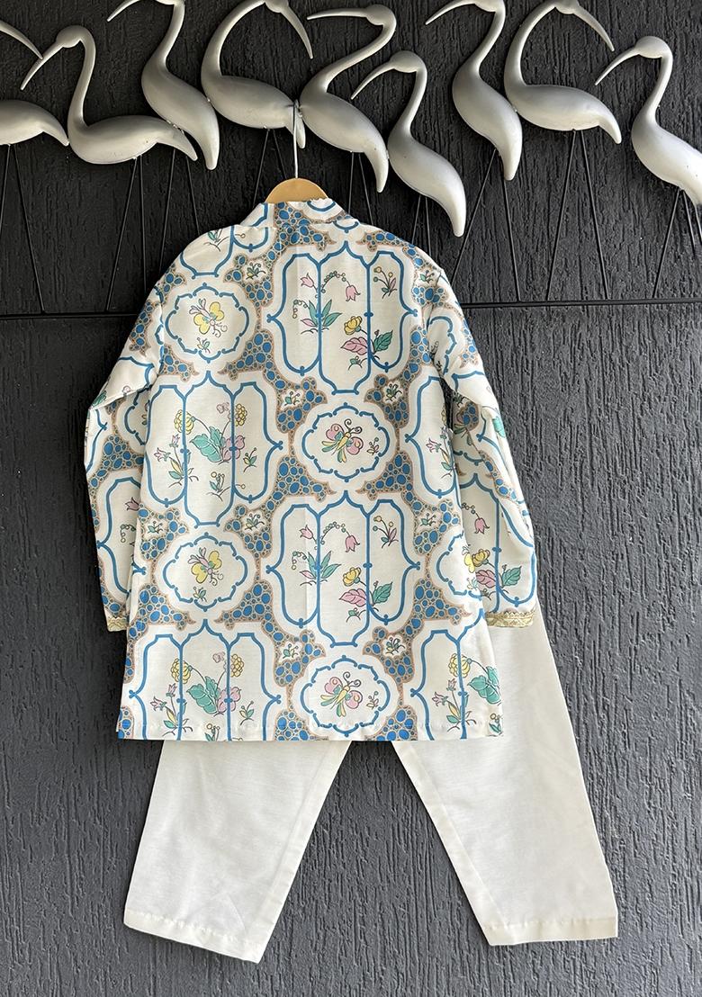 Off White Printed Cotton Silk Kurta Set For Boys