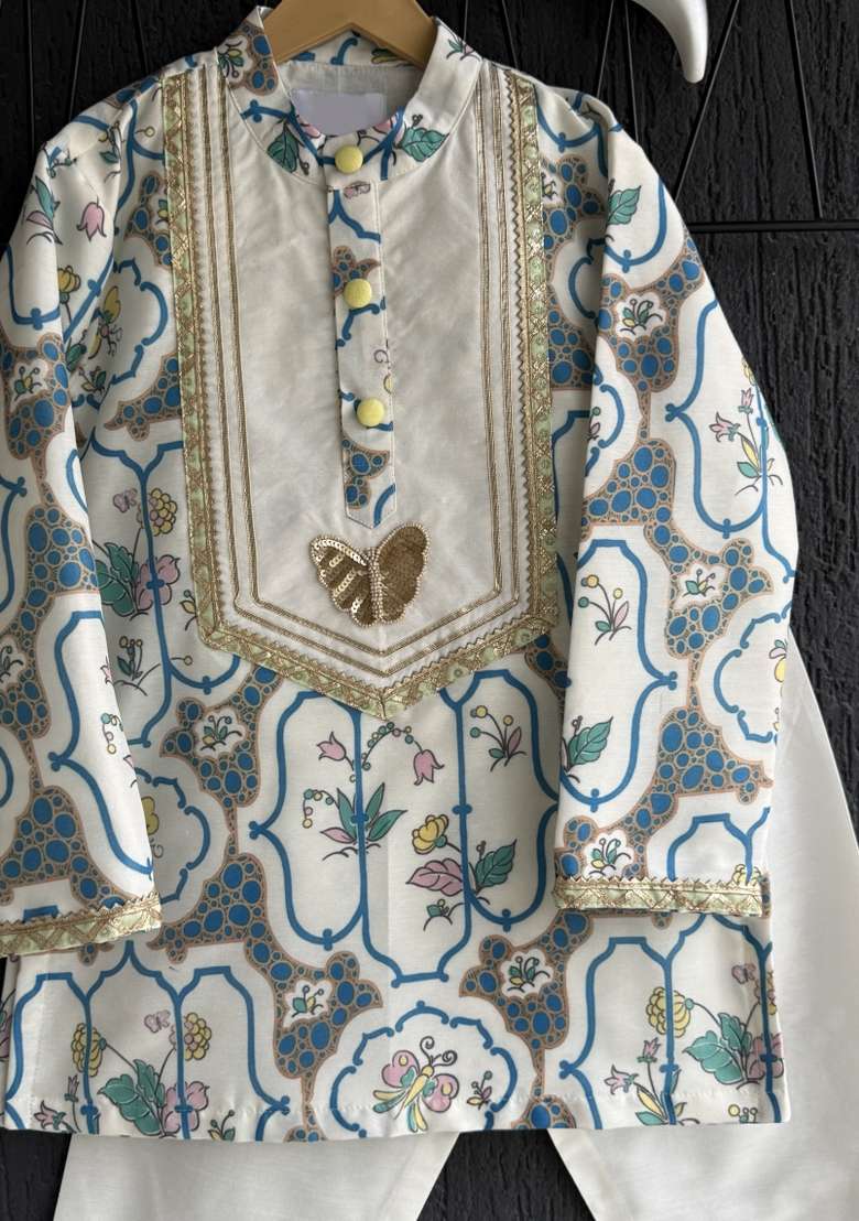 Off White Printed Cotton Silk Kurta Set For Boys - Indya