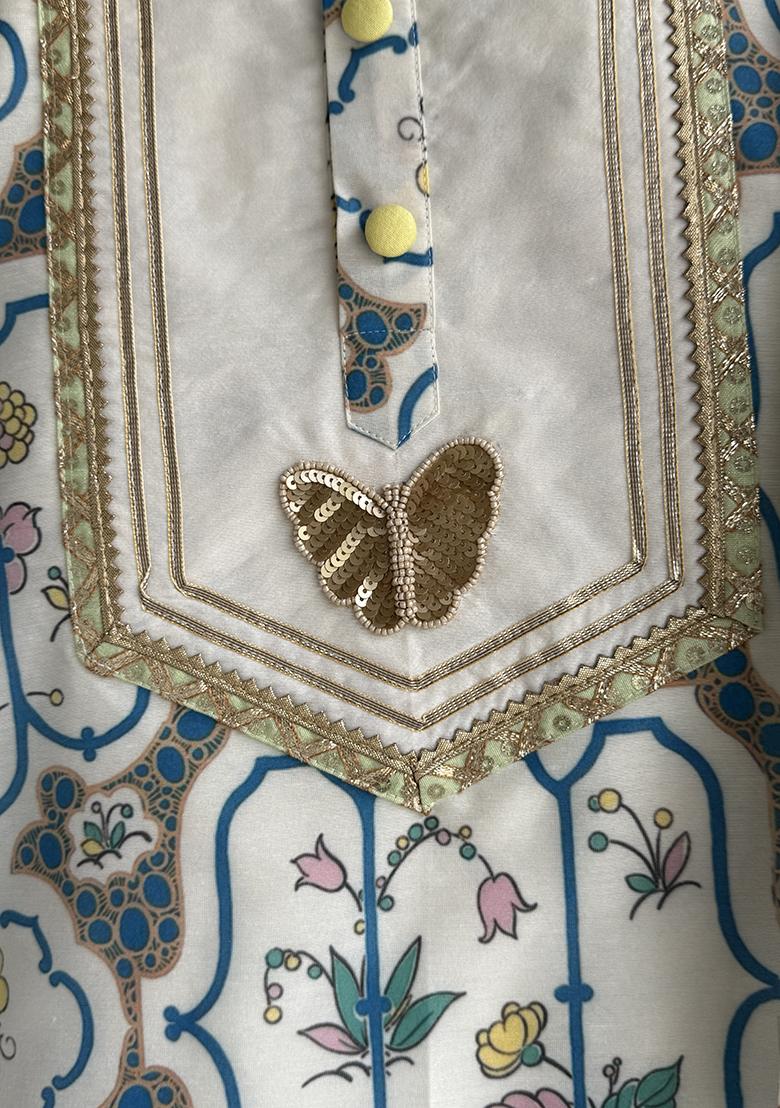 Off White Printed Cotton Silk Kurta Set For Boys