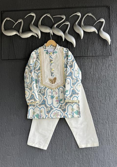 Off White Printed Cotton Silk Kurta Set For Boys