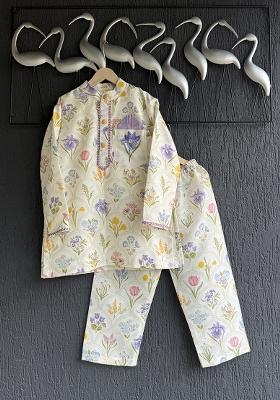 Off White Printed Cotton Silk Kurta Set For Boys