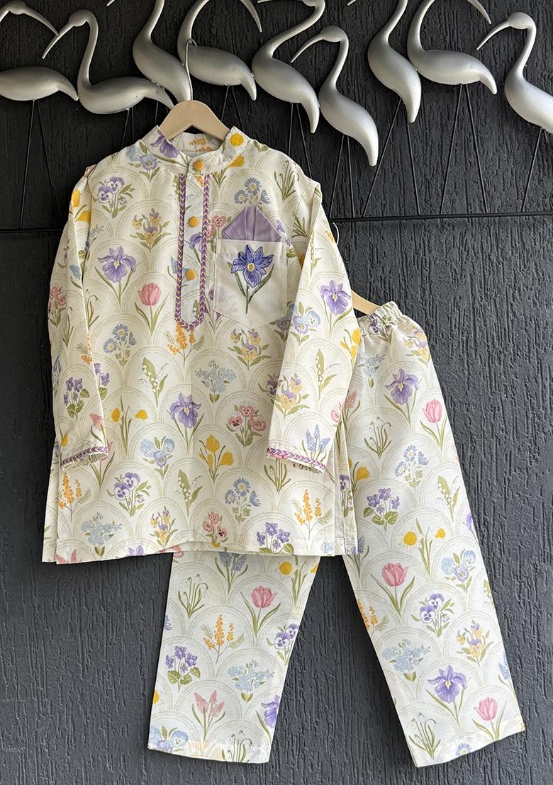 Off White Printed Cotton Silk Kurta Set For Boys