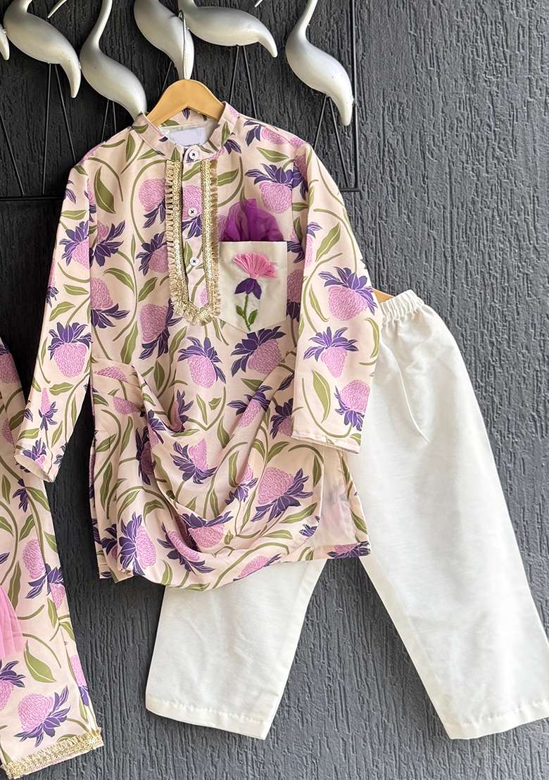 Off White Printed Cotton Silk Kurta Set For Boys - Indya