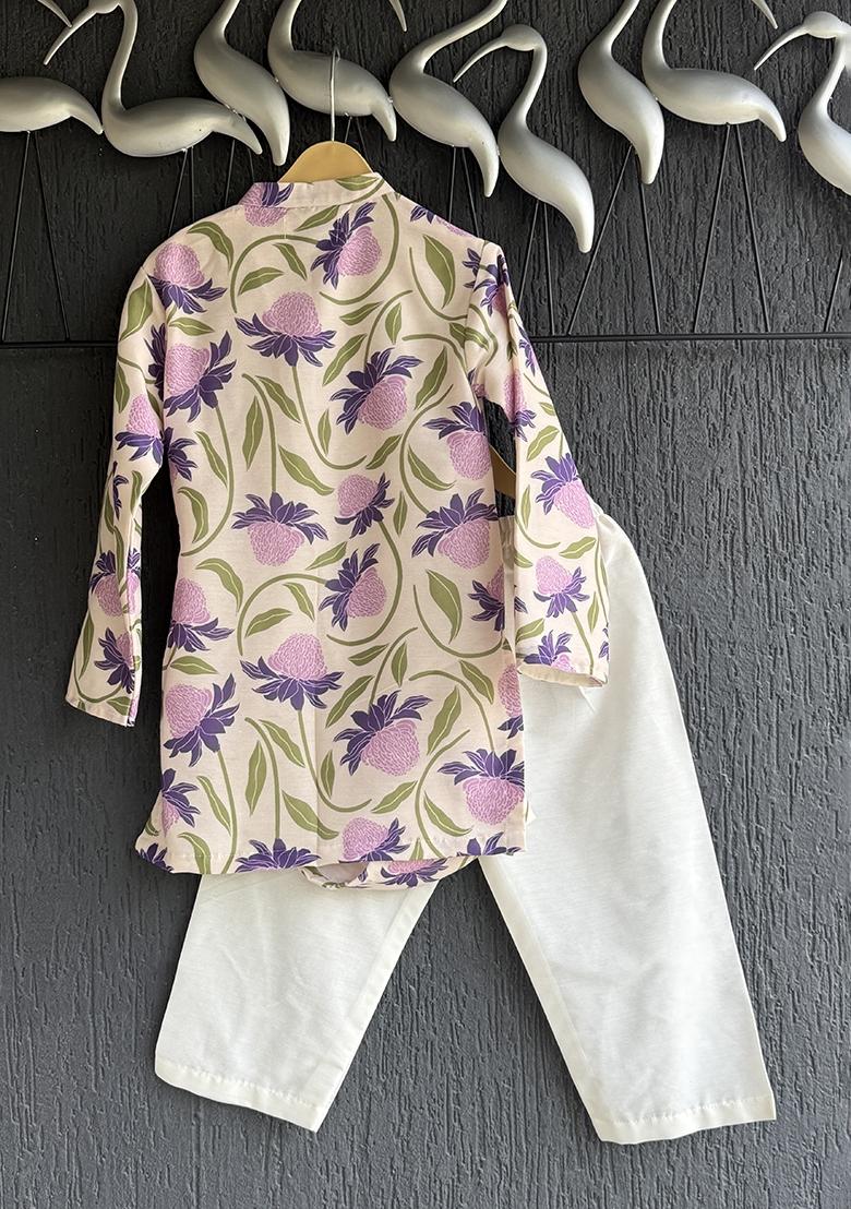 Off White Printed Cotton Silk Kurta Set For Boys