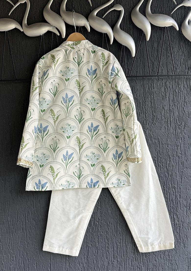 Off White Printed Cotton Silk Kurta Set For Boys