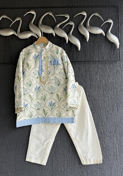 Off White Printed Cotton Silk Kurta Set For Boys