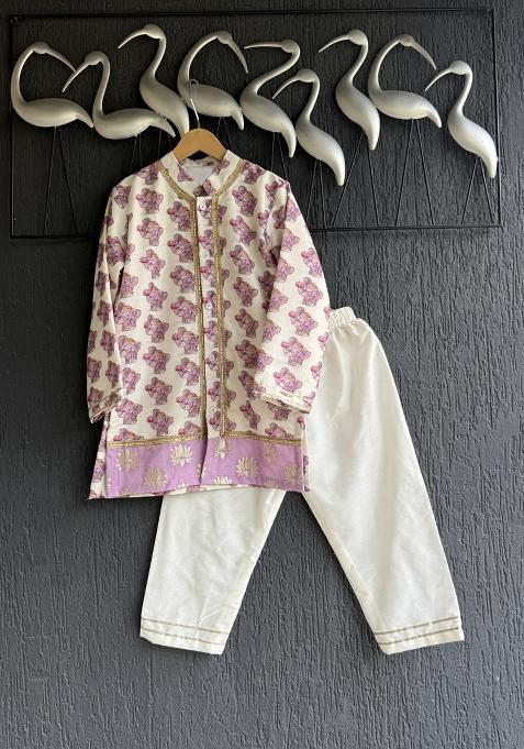 Off White Printed Cotton Silk Kurta Set For Boys