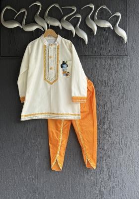 Off White Printed Cotton Silk Kurta Set For Boys