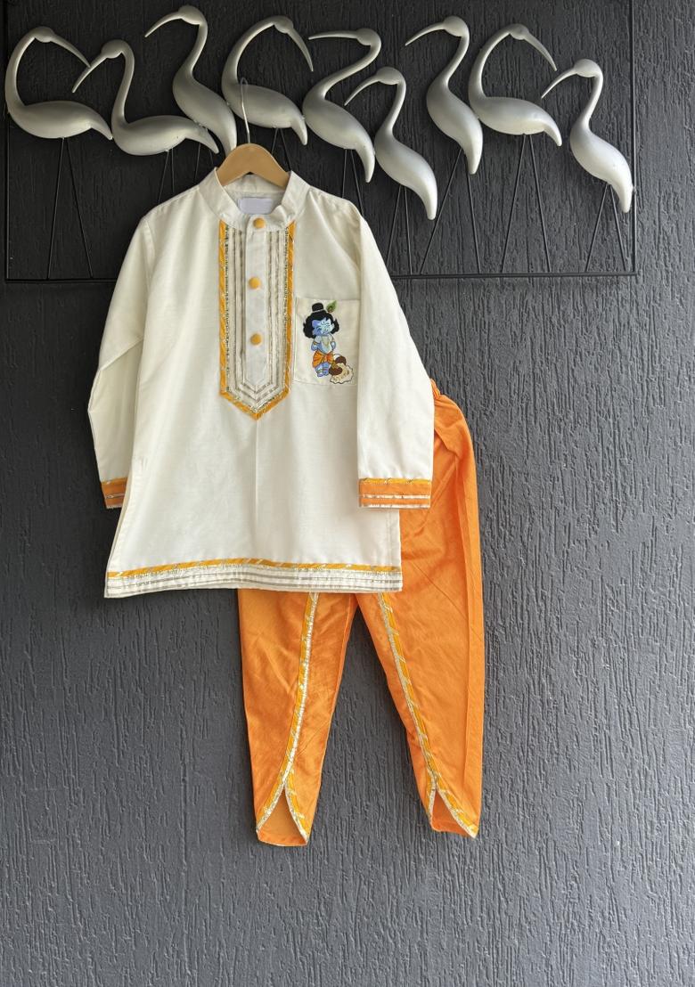 Off White Printed Cotton Silk Kurta Set For Boys