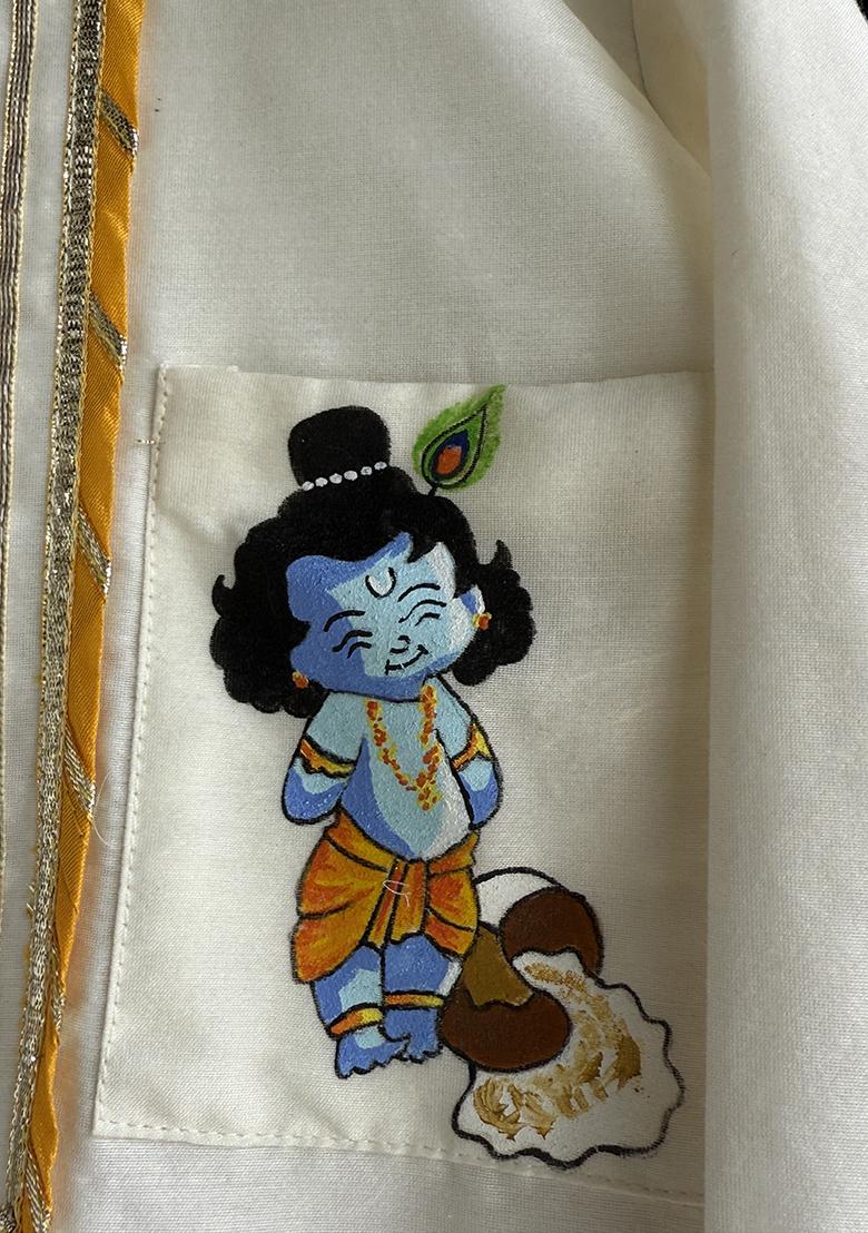 Off White Printed Cotton Silk Kurta Set For Boys