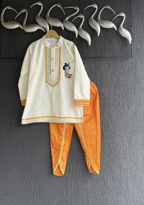 Off White Printed Cotton Silk Kurta Set For Boys