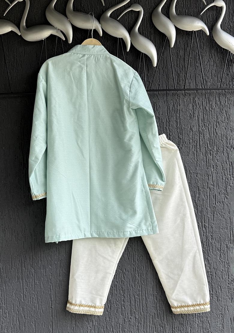 Off White Printed Cotton Silk Kurta Set For Boys