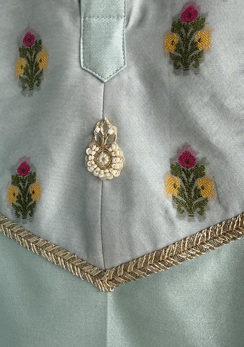 Off White Printed Cotton Silk Kurta Set For Boys