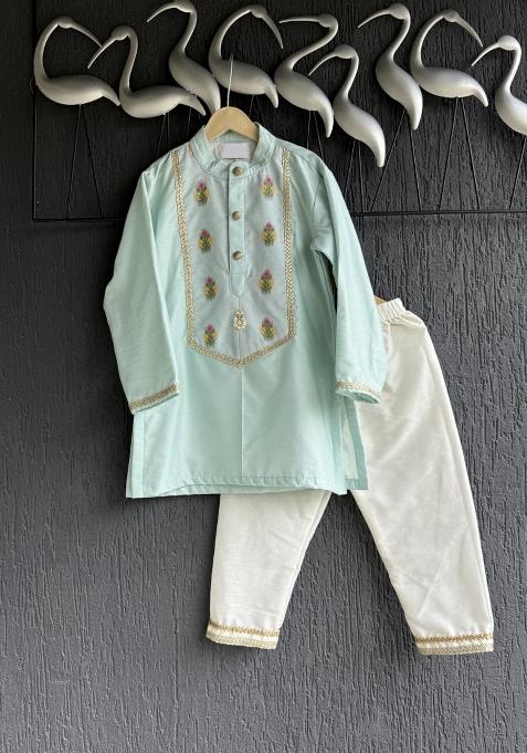 Off White Printed Cotton Silk Kurta Set For Boys