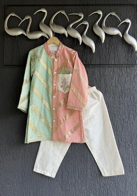 Off White Printed Cotton Silk Kurta Set For Boys