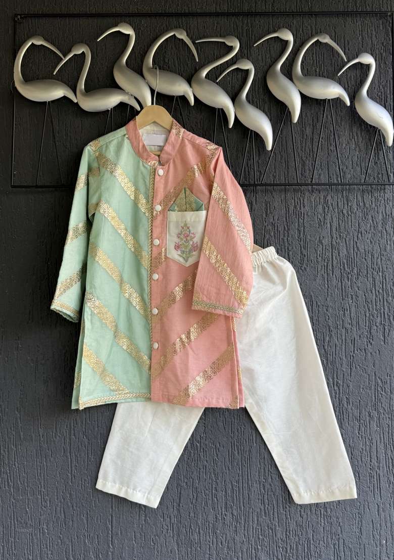 Off White Printed Cotton Silk Kurta Set For Boys - Indya
