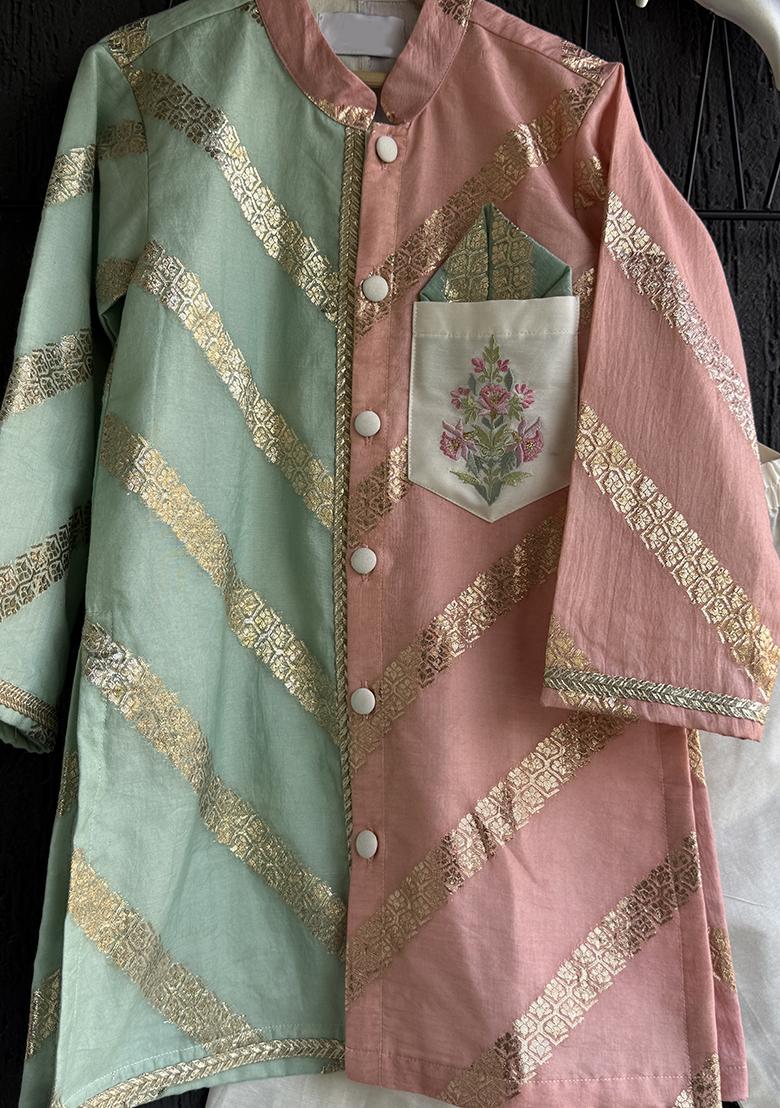 Off White Printed Cotton Silk Kurta Set For Boys