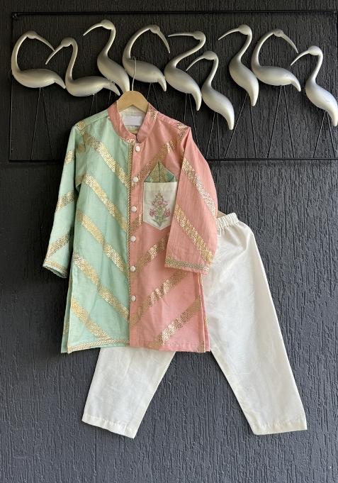Off White Printed Cotton Silk Kurta Set For Boys