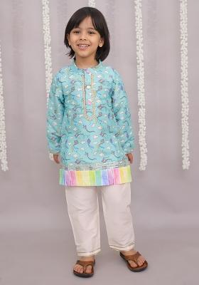 Sky Blue Kite Print Kurta Set For Boys