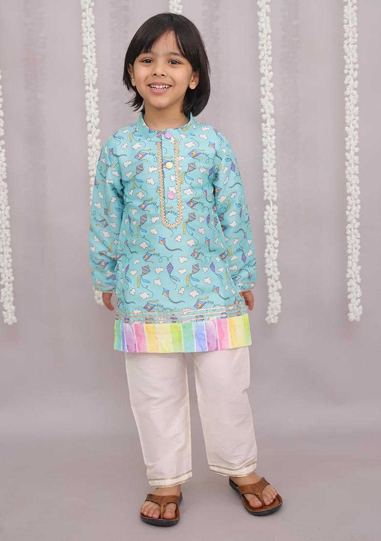 Sky Blue Kite Print Kurta Set For Boys