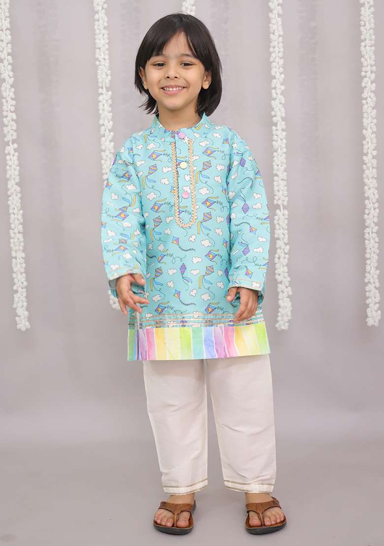 Sky Blue Kite Print Kurta Set For Boys - Indya