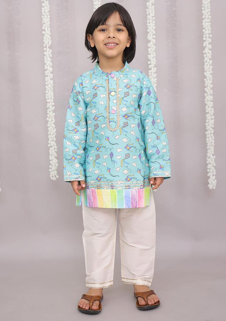 Sky Blue Kite Print Kurta Set For Boys