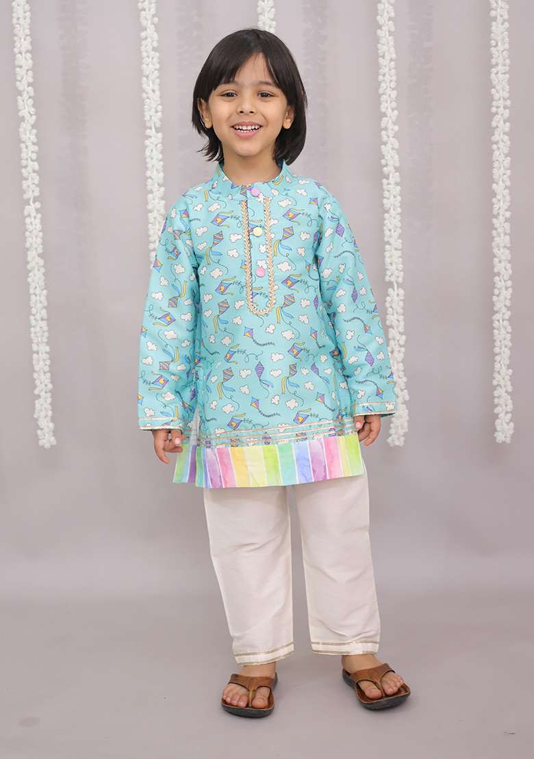 Sky Blue Kite Print Kurta Set For Boys - Indya