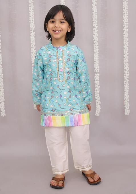 Sky Blue Kite Print Kurta Set For Boys