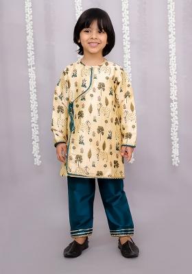 Beige Cow Printed Angrakha Set With Green Bottom For Boys