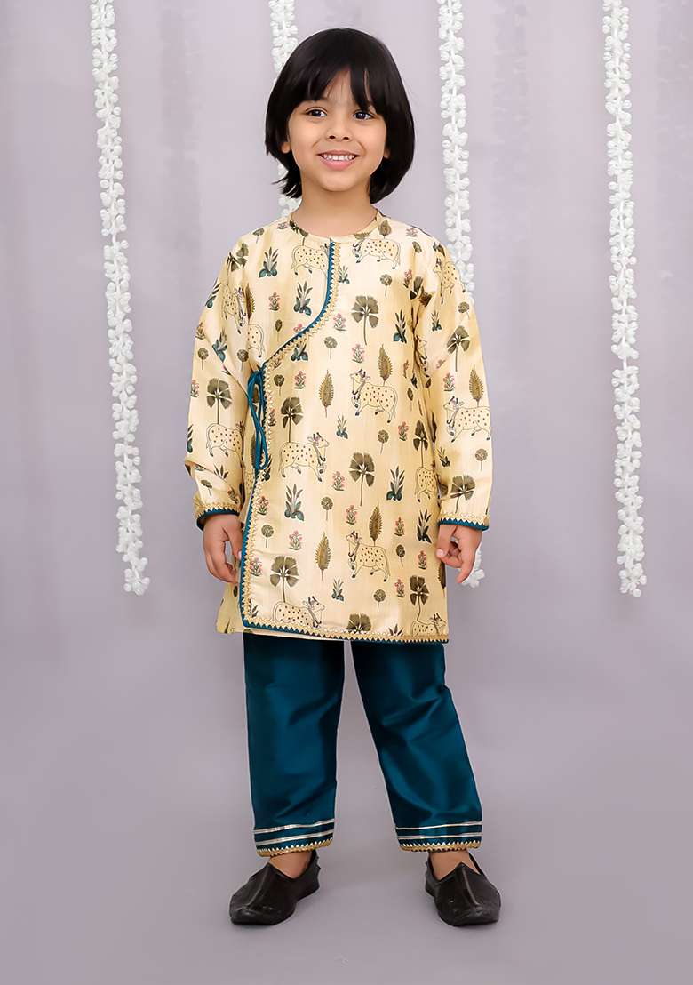 Beige Cow Printed Angrakha Set With Green Bottom For Boys - Indya